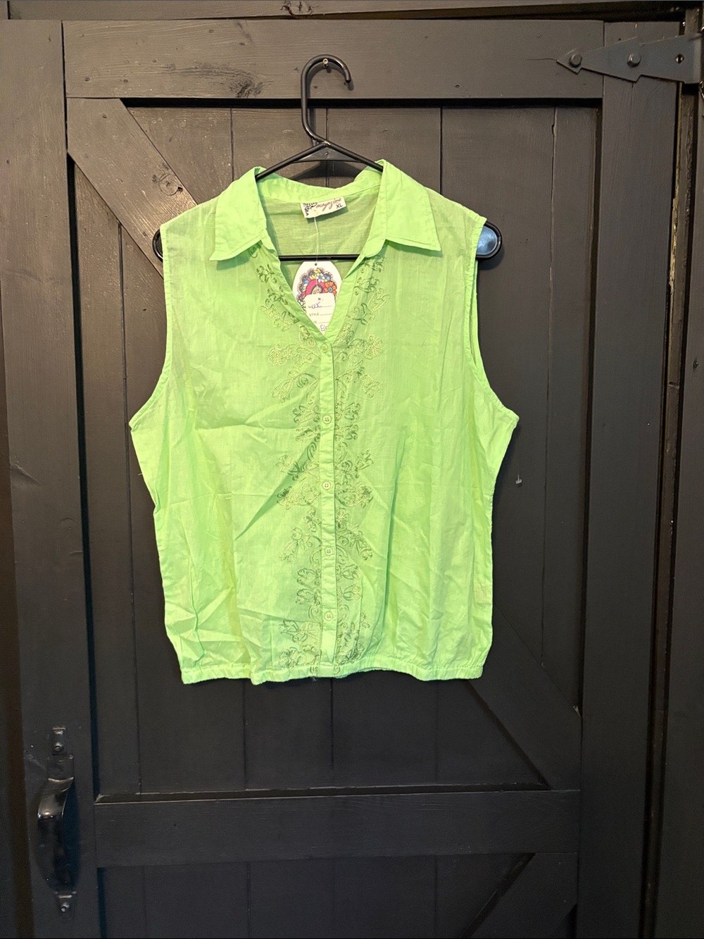 Fashion Magazine Neon Lime Sleeveless Button-Down Top with Embroidered Placket